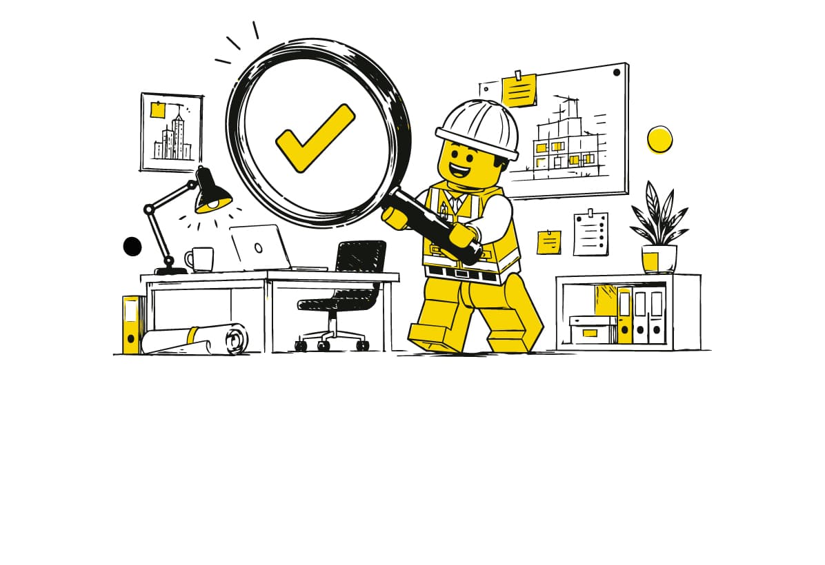 Ilustración de una persona revisando planos con una lupa