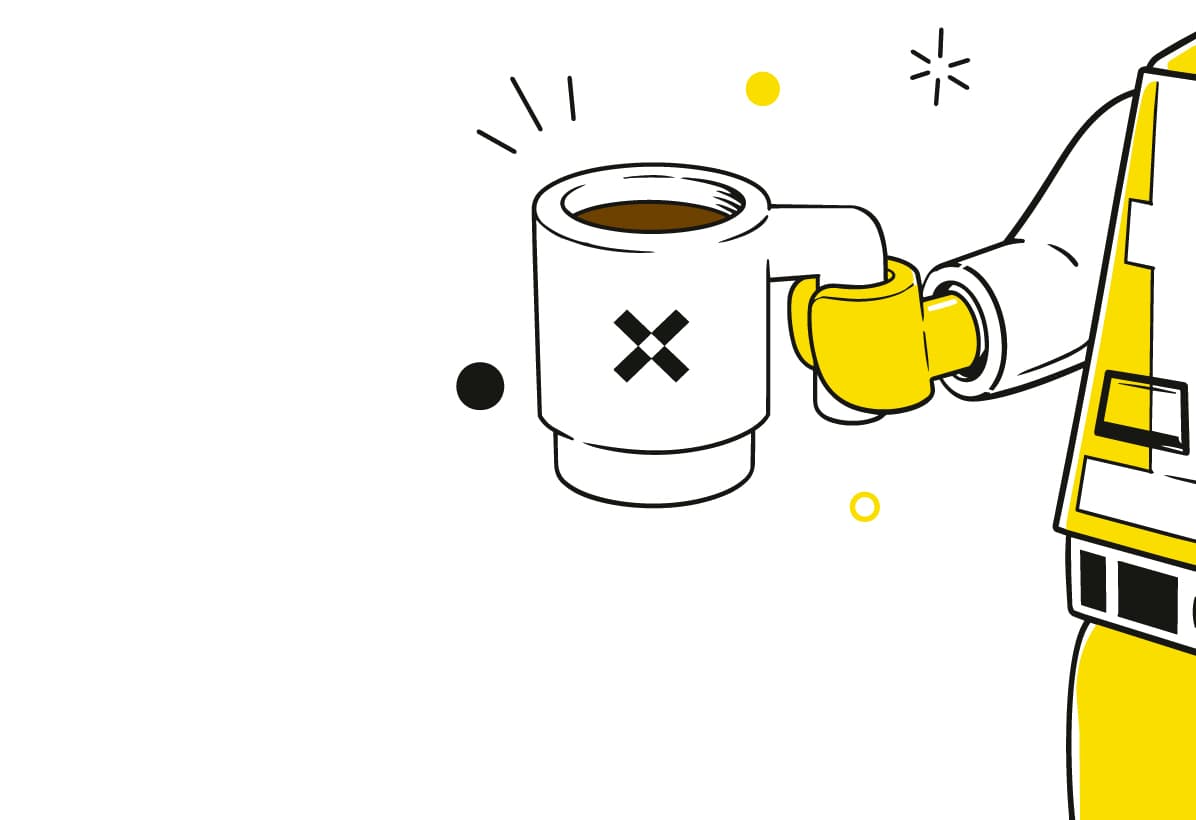 Ilustración de una taza de café junto a un chaleco de obra